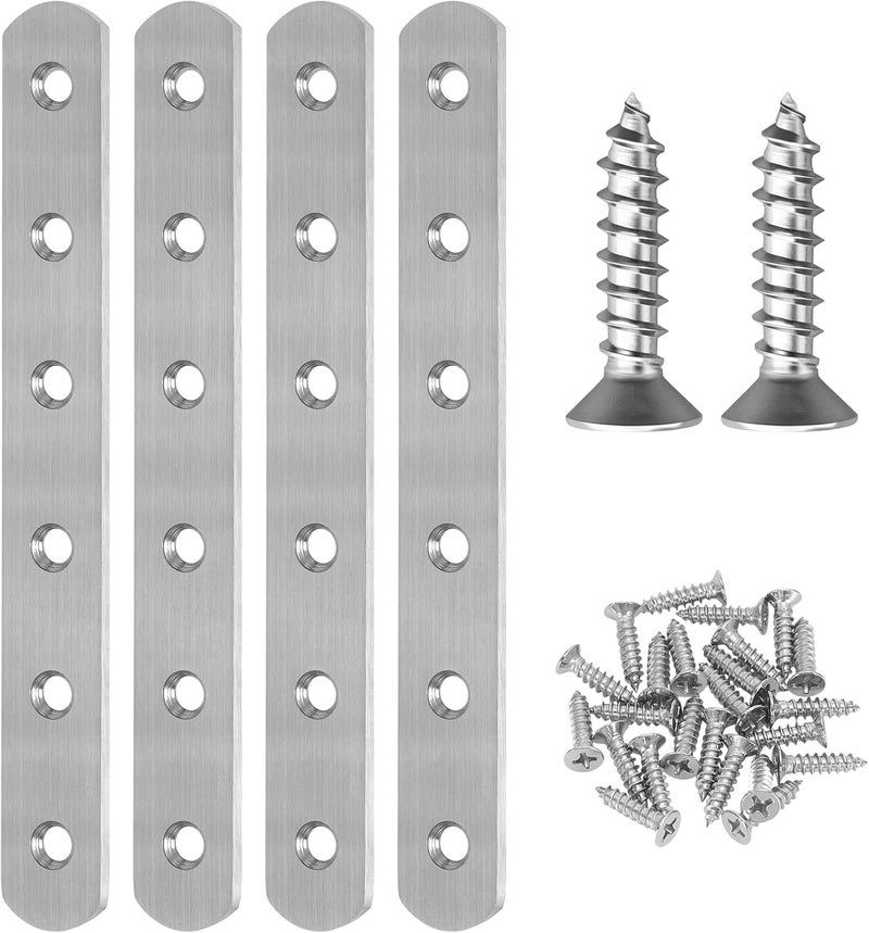 AUGHOA 4 PCS Straight Brackets, Stainless Steel Flat Straight Brace, 6 inch, Metal Brackets with 24 Screws for Furniture Repair Fixing - Image 1